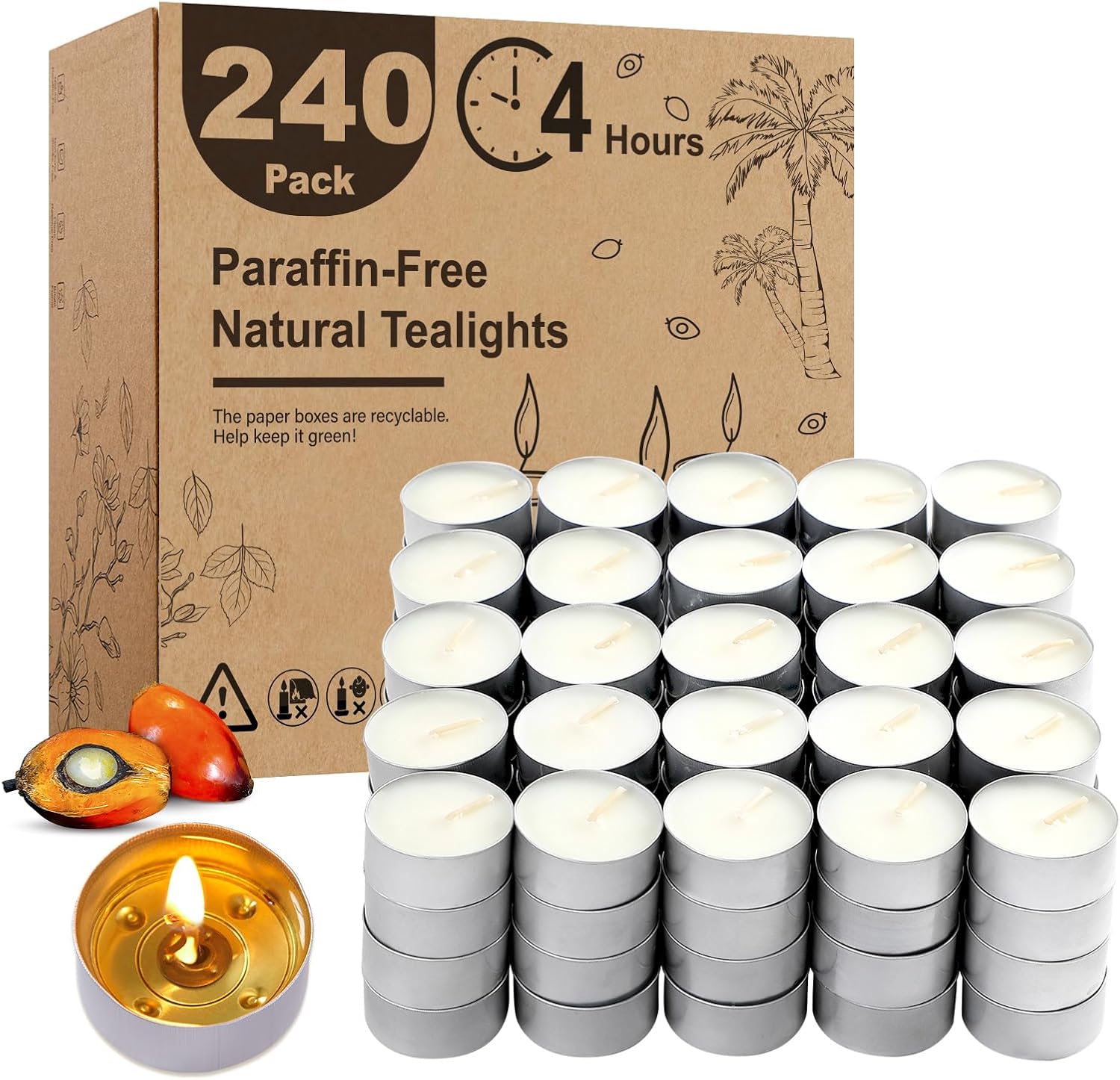 Unscented Palm Wax Tea Lights Candles 240 Pack - 4 Hour Clean Burn | White Tea Candles Bulk,Non-Paraffin Tealight Candles for Wedding,Centerpiece,Meditation,Christmas Lights,Home Decorative
